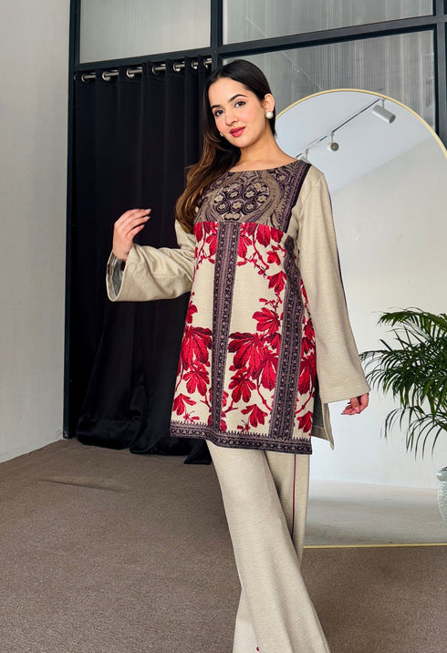 Noor Red Beige Winter Floral Kurta Set